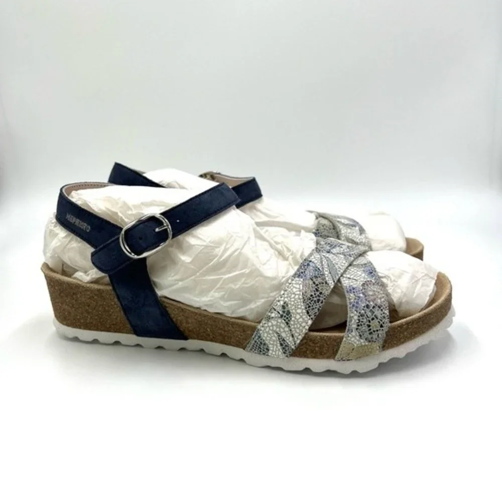 Mephisto Womens Size 10 Stela Blue Leather Floral‎ Crackle Comfort Sandals NEW